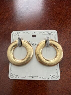 Brighton Gold Hammered Hoop Earrings with Crystal Bails, NWT, Retails $98